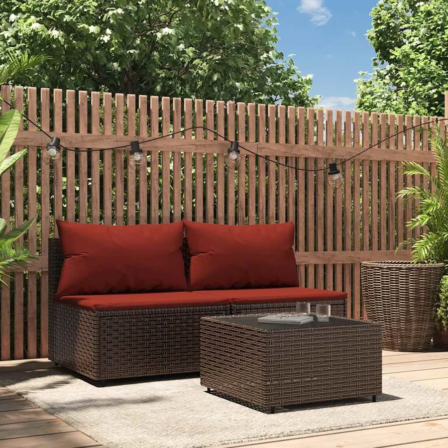 Salon de jardin 3 pcs avec coussins marron résine tressée