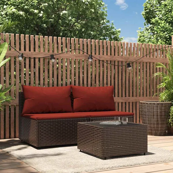 Salon de jardin 3 pcs avec coussins marron résine tressée