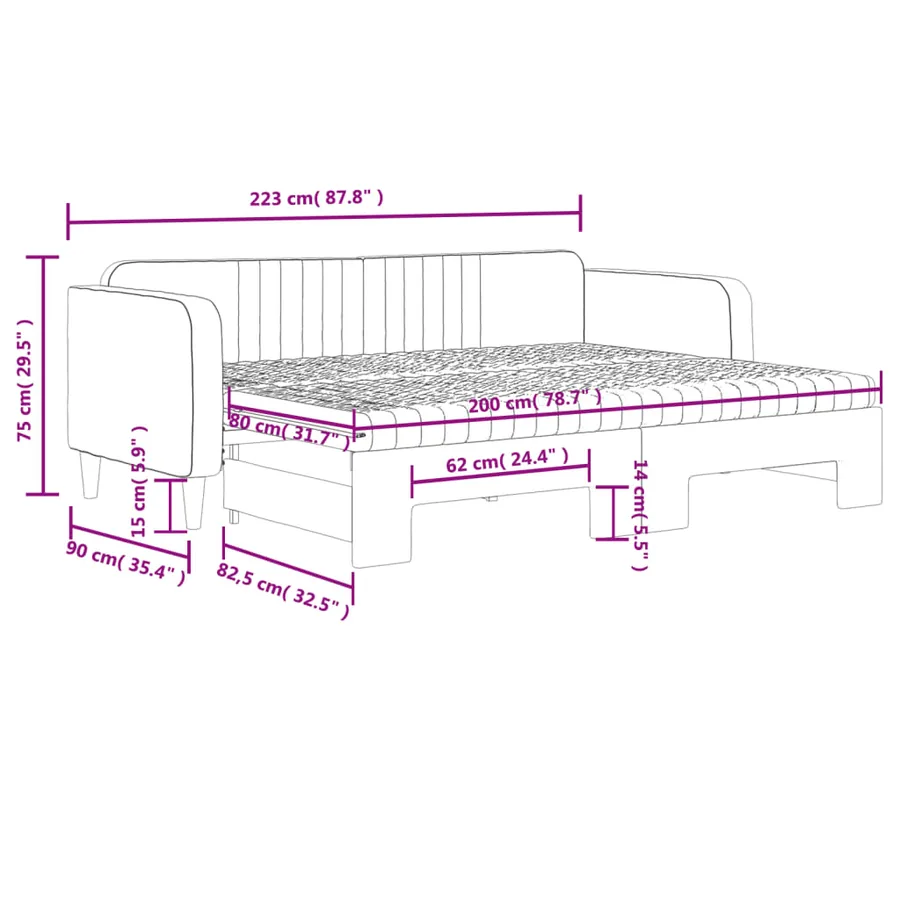 Lit de jour avec gigogne et matelas gris clair 80x200cm velours - 12