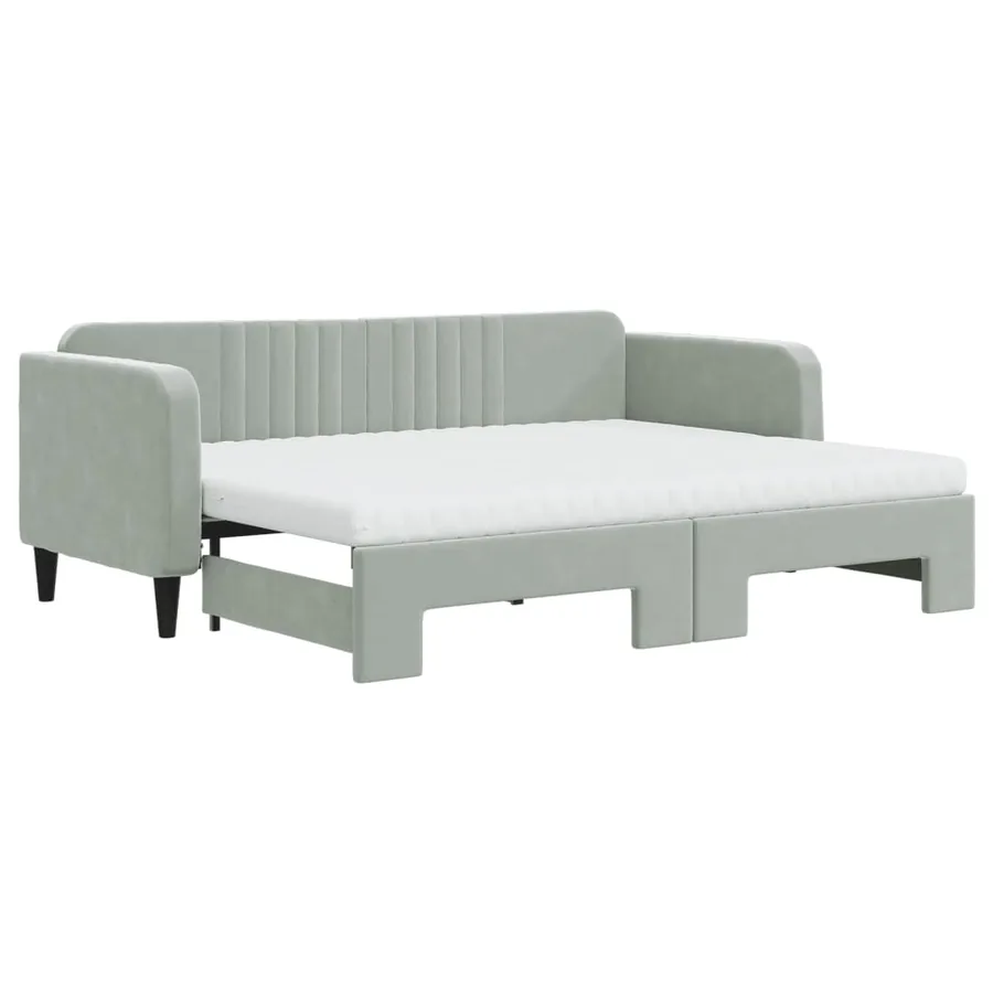 Lit de jour avec gigogne et matelas gris clair 80x200cm velours - 2