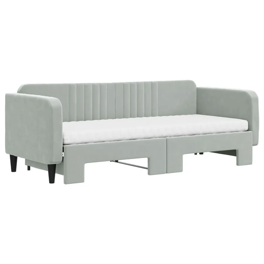 Lit de jour avec gigogne et matelas gris clair 80x200cm velours - 3