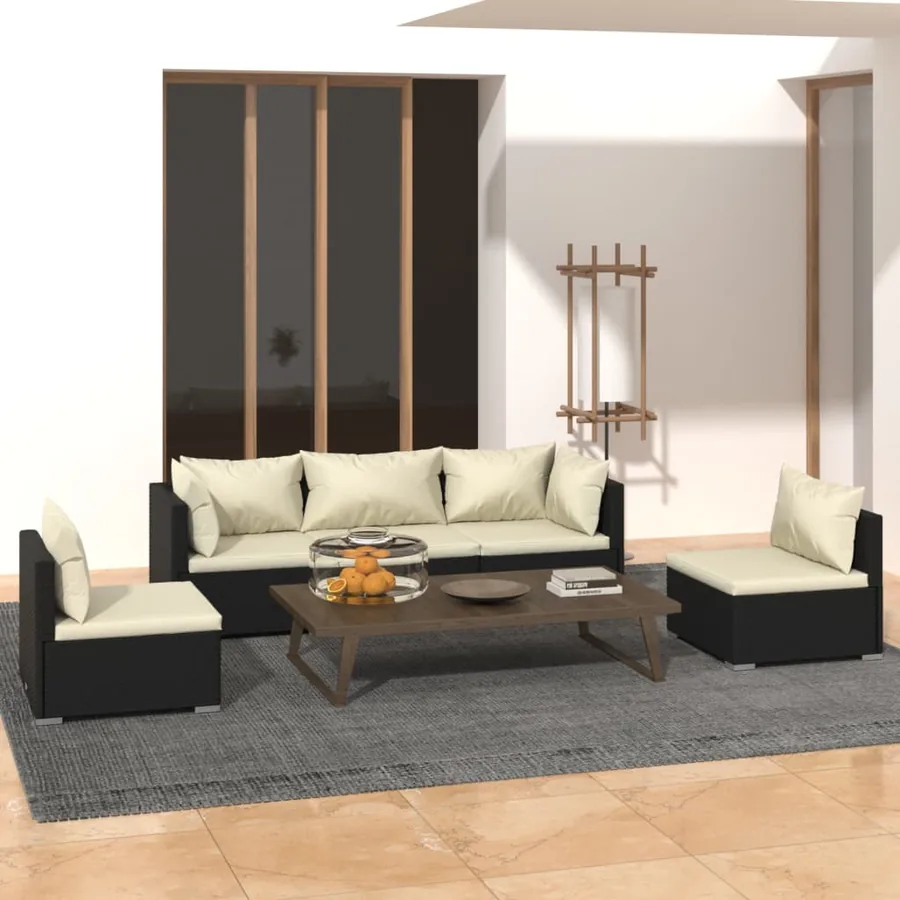Salon de jardin 5 pcs avec coussins Résine tressée Noir
