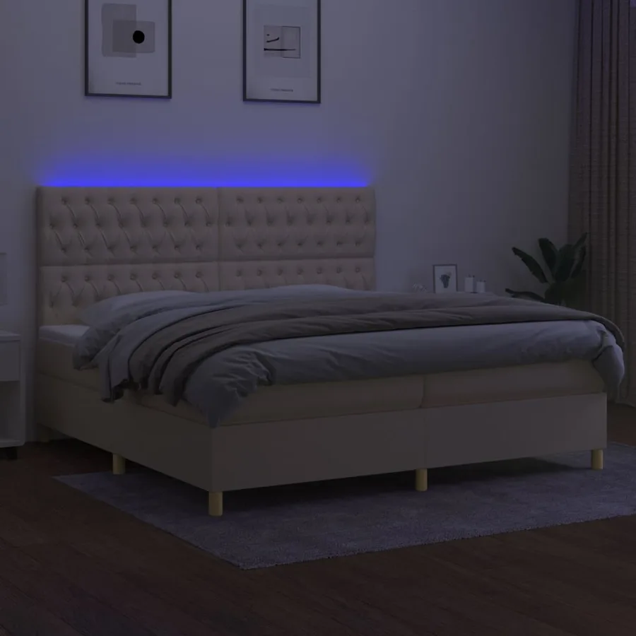 Sommier à lattes de lit et matelas et LED Crème 200x200cm Tissu - 4