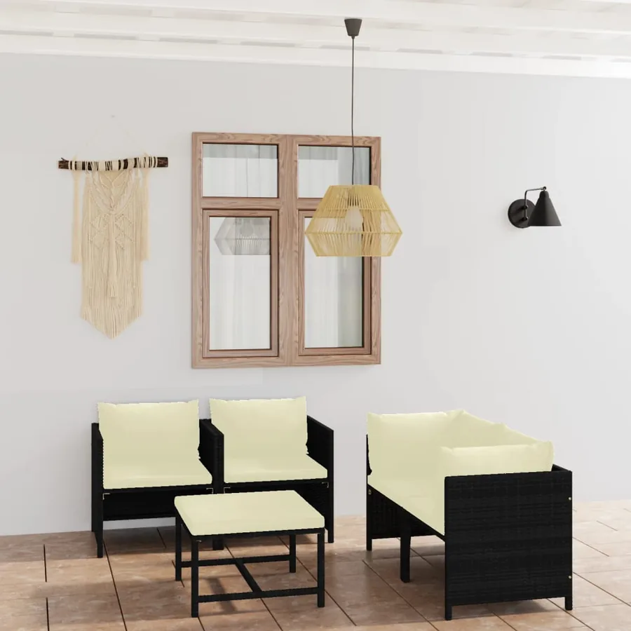 Salon de jardin 5 pcs avec coussins Résine tressée Noir