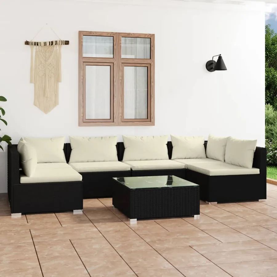 Salon de jardin 7 pcs avec coussins Résine tressée Noir