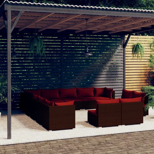 Salon de jardin 13 pcs avec coussins Marron Résine tressée