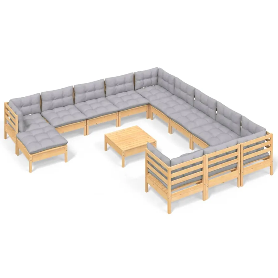 Salon de jardin 13 pcs avec coussins gris bois de pin - 2