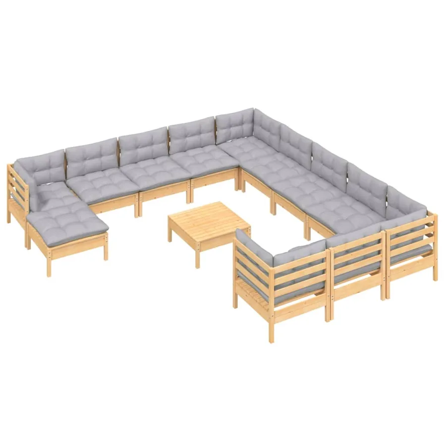 Salon de jardin 13 pcs avec coussins gris bois de pin - 3