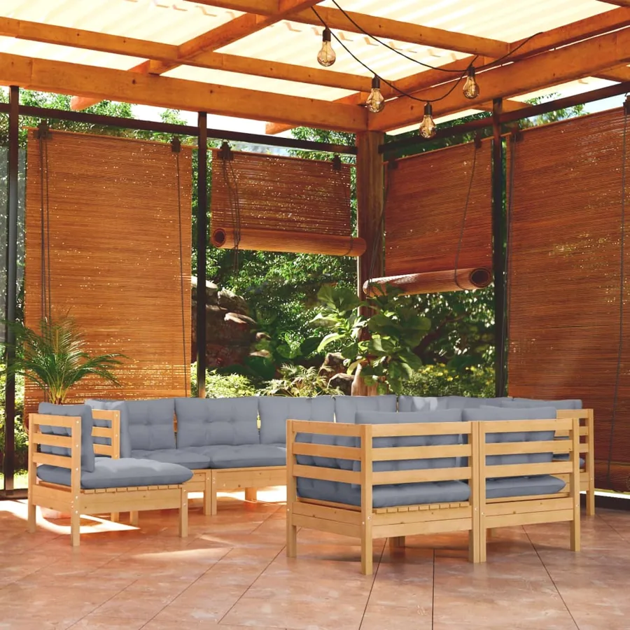 Salon de jardin 9 pcs avec coussins gris bois de pin massif