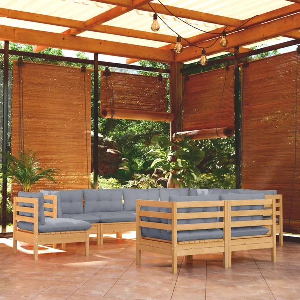 Salon de jardin 9 pcs avec coussins gris bois de pin massif