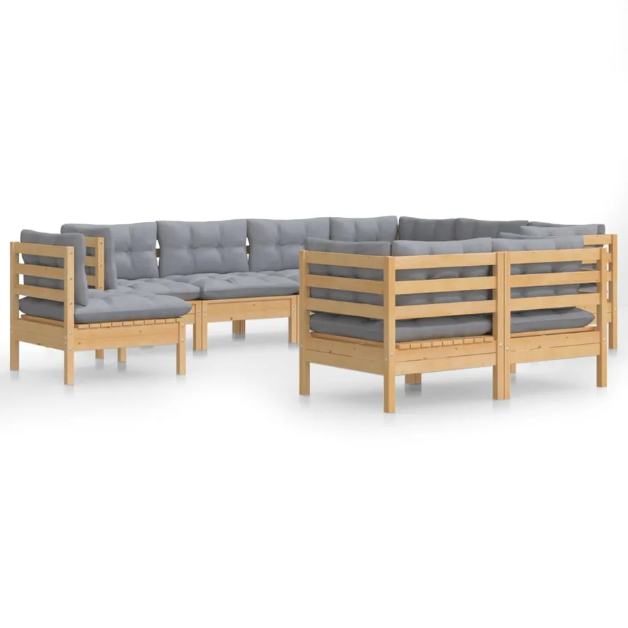 Salon de jardin 9 pcs avec coussins gris bois de pin massif - 2