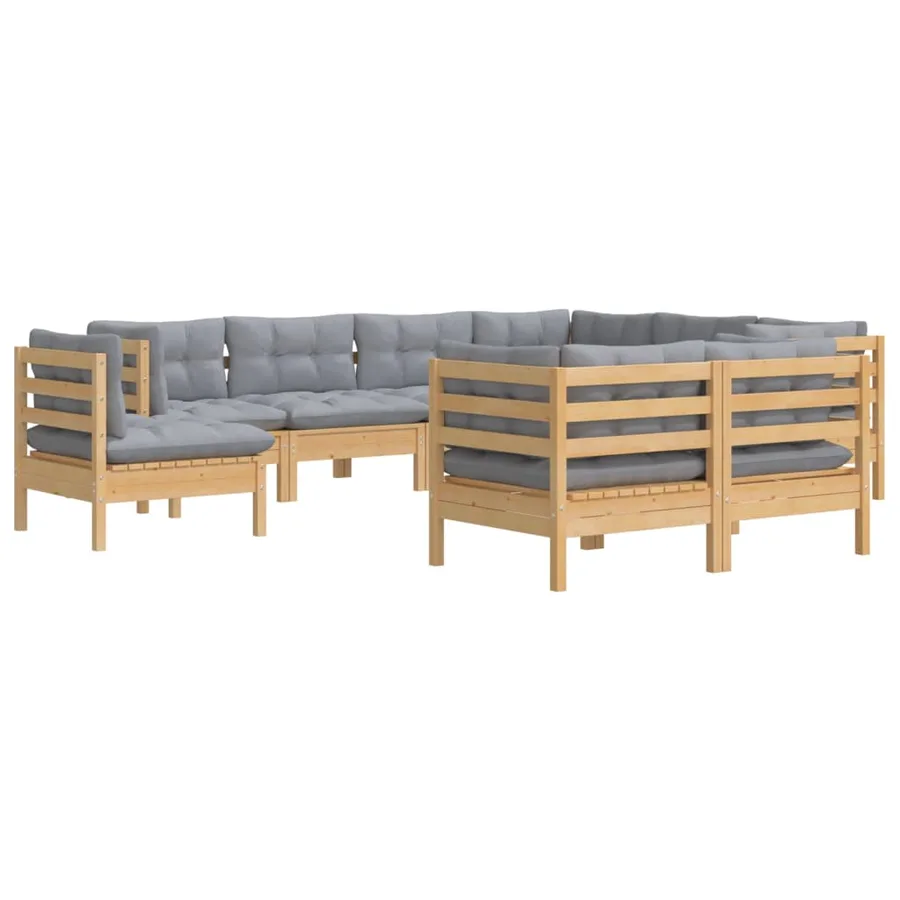 Salon de jardin 9 pcs avec coussins gris bois de pin massif - 3