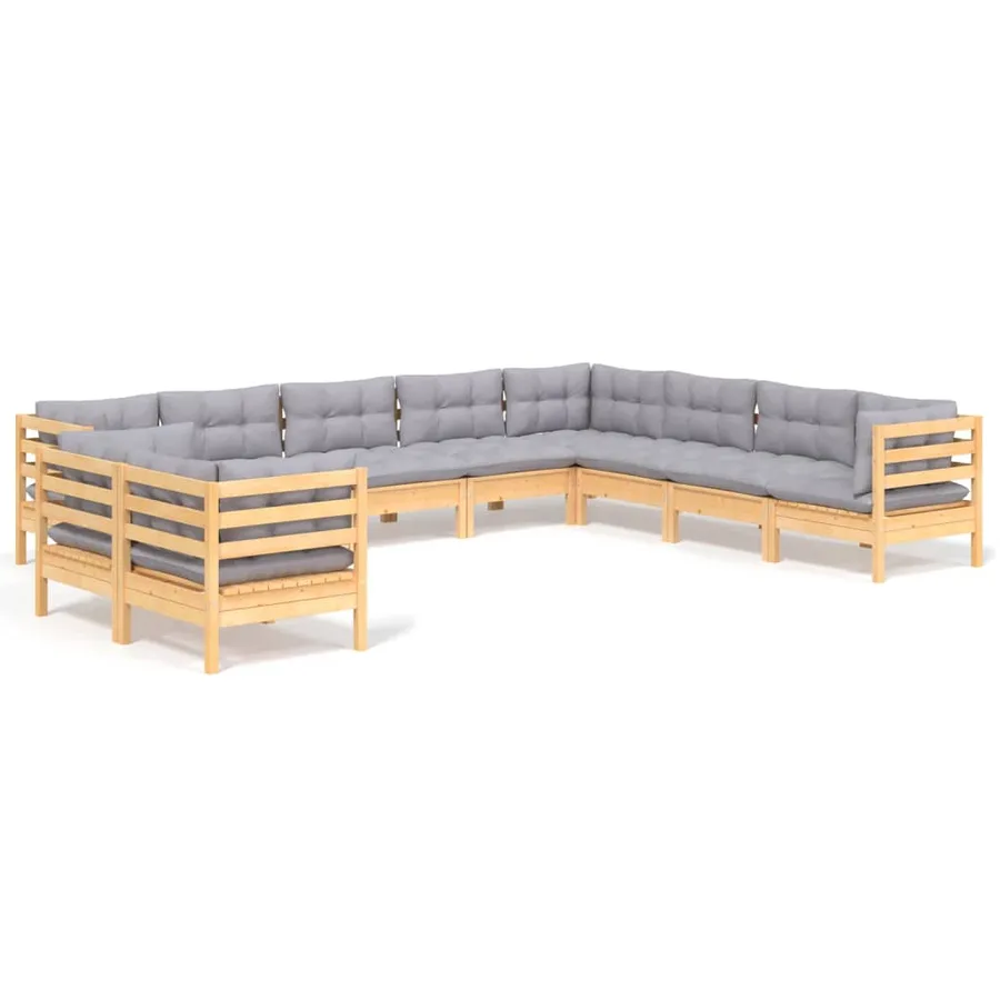 Salon de jardin 10 pcs avec coussins gris bois de pin massif - 2