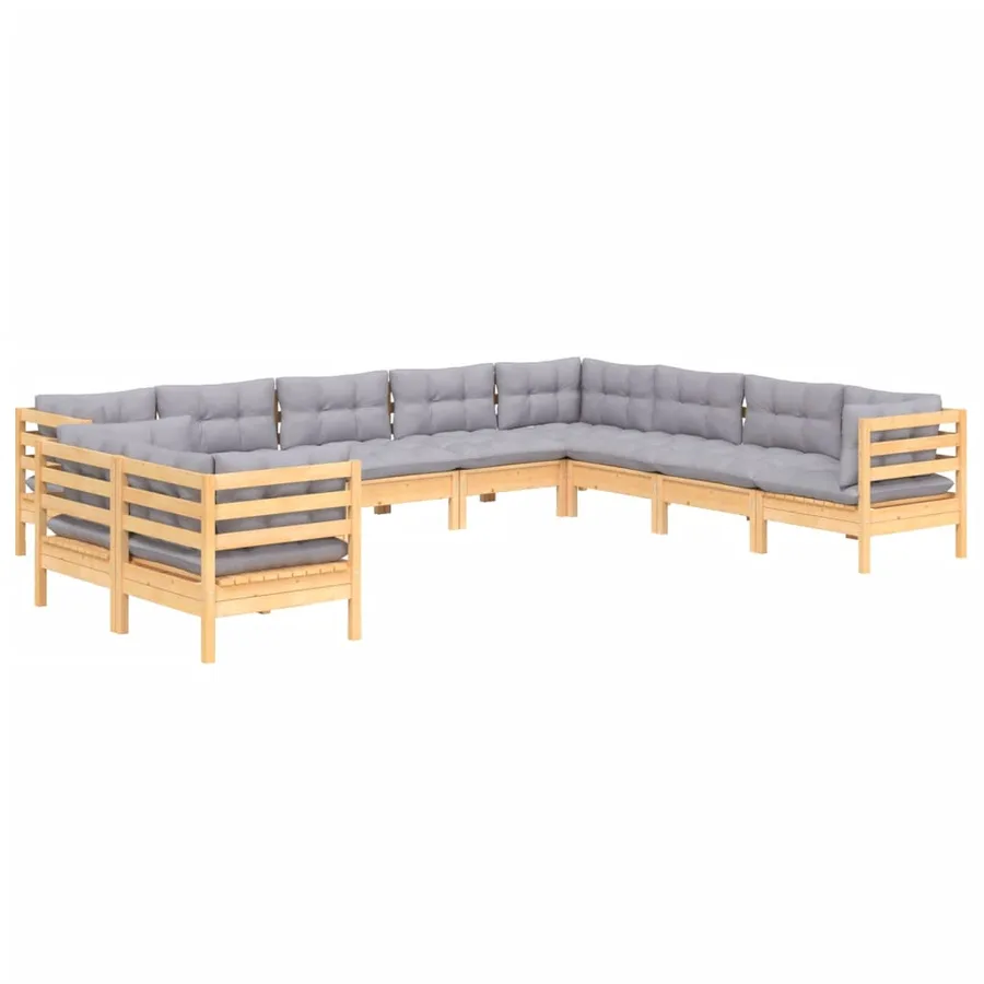 Salon de jardin 10 pcs avec coussins gris bois de pin massif - 3