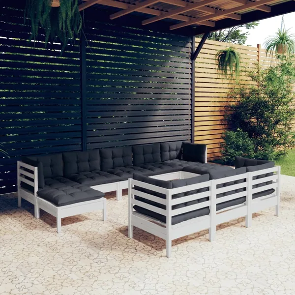 Salon de jardin 10 pcs avec coussins blanc bois de pin massif