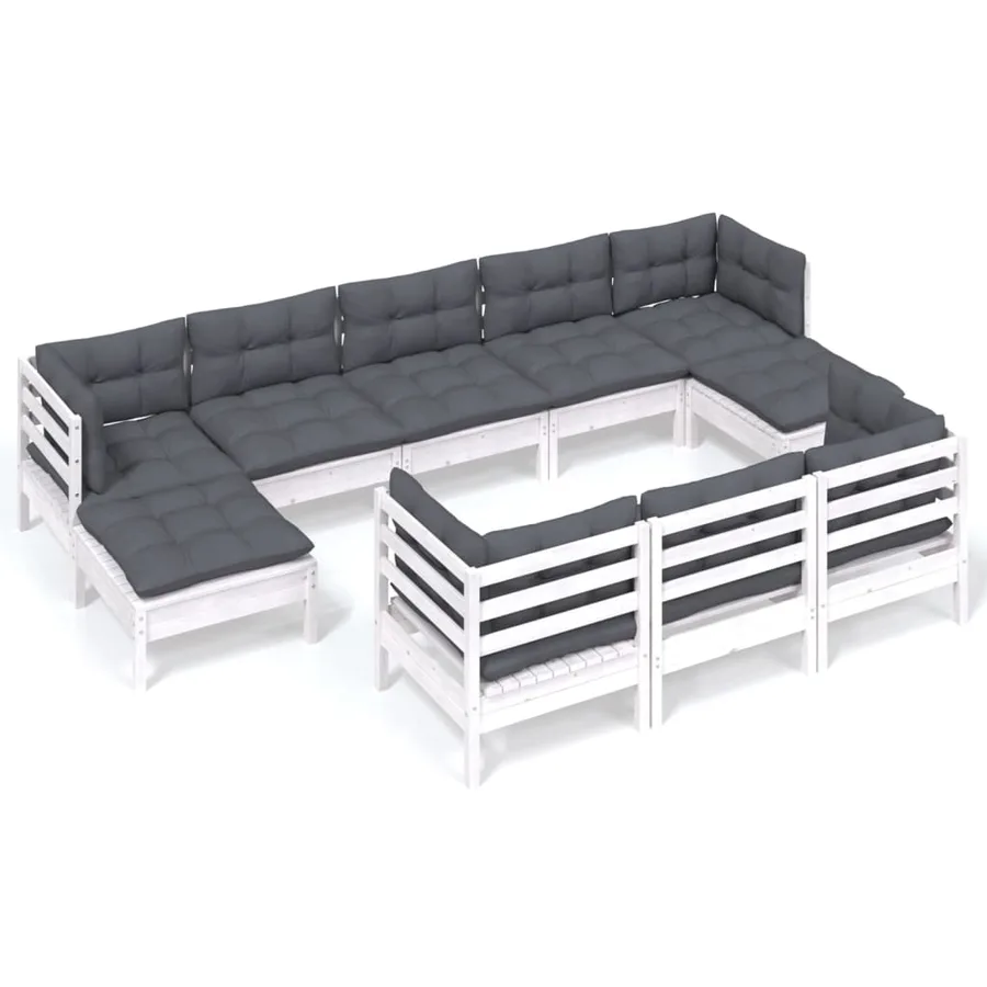 Salon de jardin 10 pcs avec coussins blanc bois de pin massif - 2