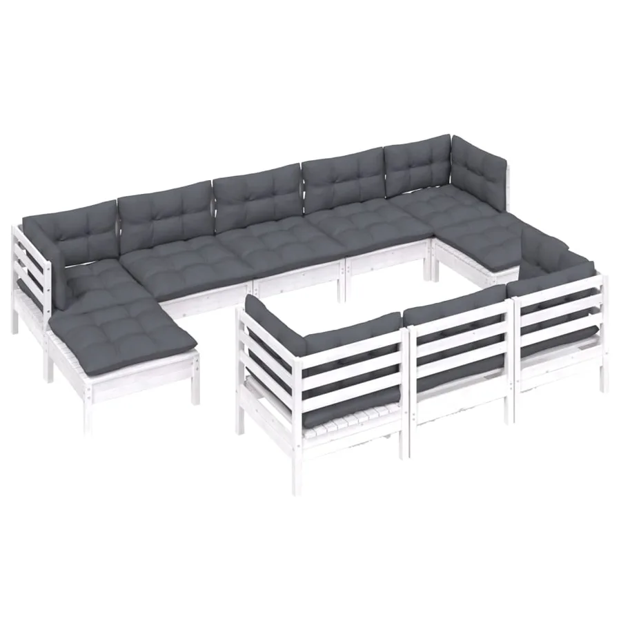 Salon de jardin 10 pcs avec coussins blanc bois de pin massif - 3