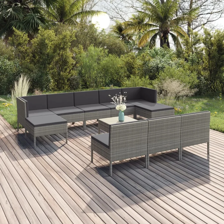 Salon de jardin 11 pcs avec coussins Résine tressée Gris