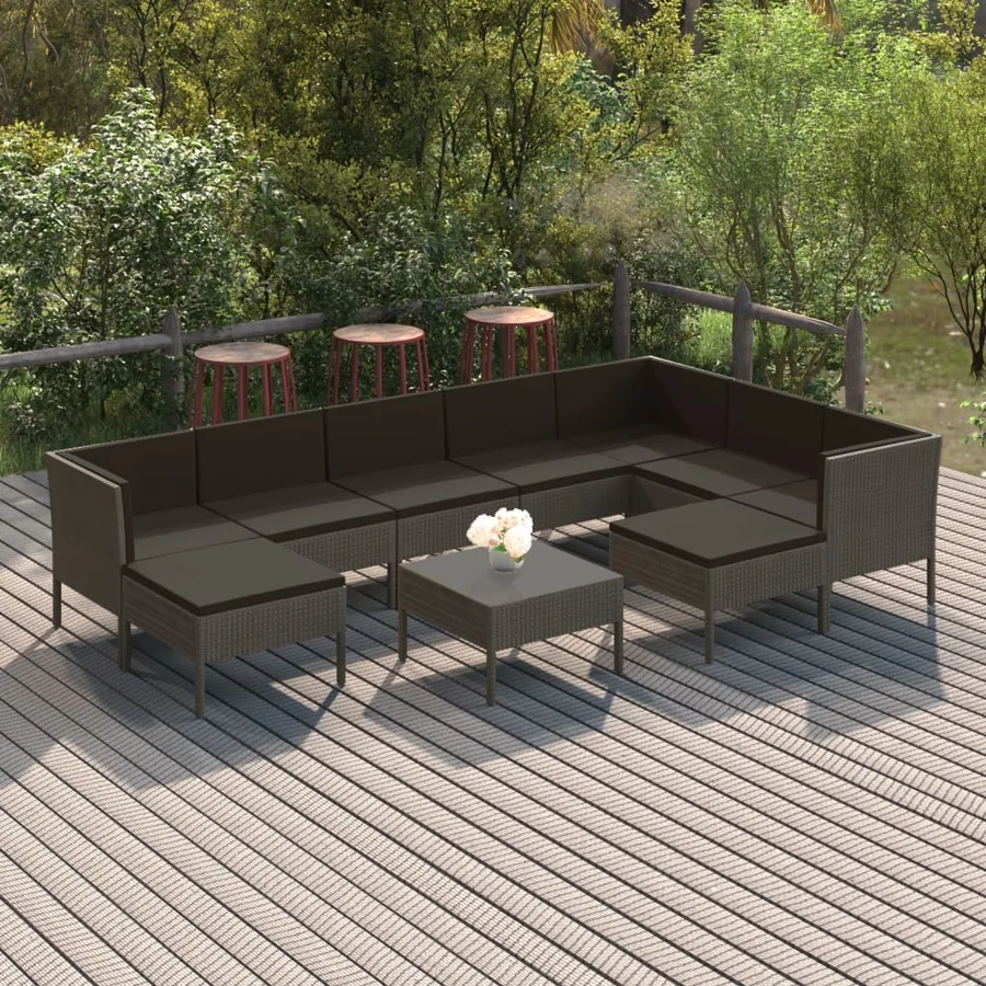 Salon de jardin 10 pcs avec coussins Résine tressée Gris
