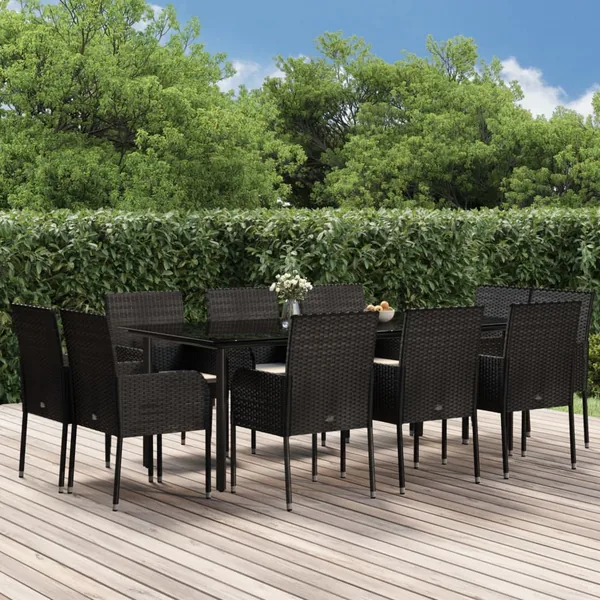 Ensemble à manger de jardin 11 pcs coussins noir résine tressée