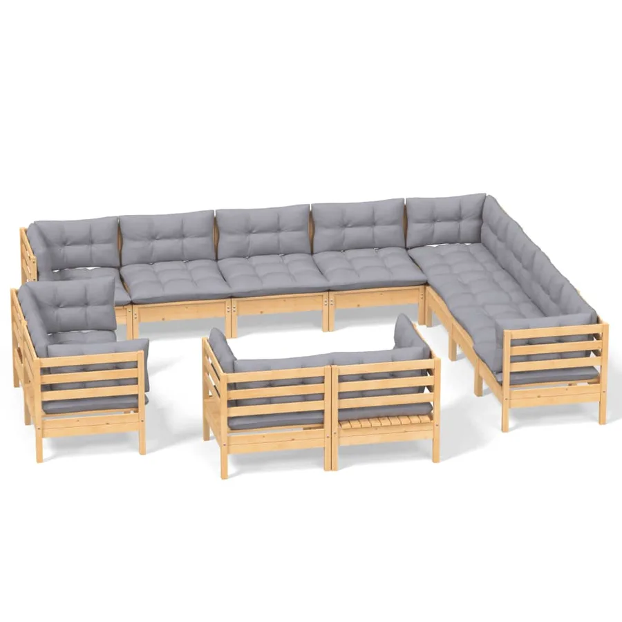 Salon de jardin 12 pcs avec coussins gris Bois de pin massif - 2