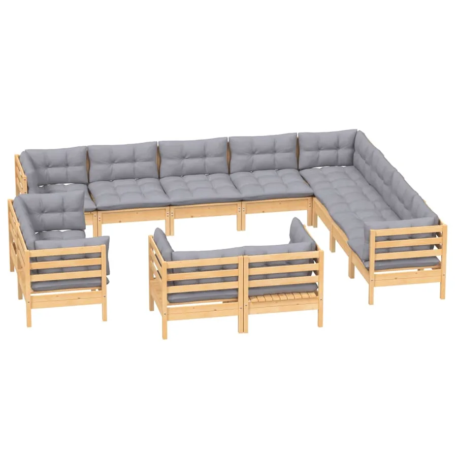 Salon de jardin 12 pcs avec coussins gris Bois de pin massif - 3