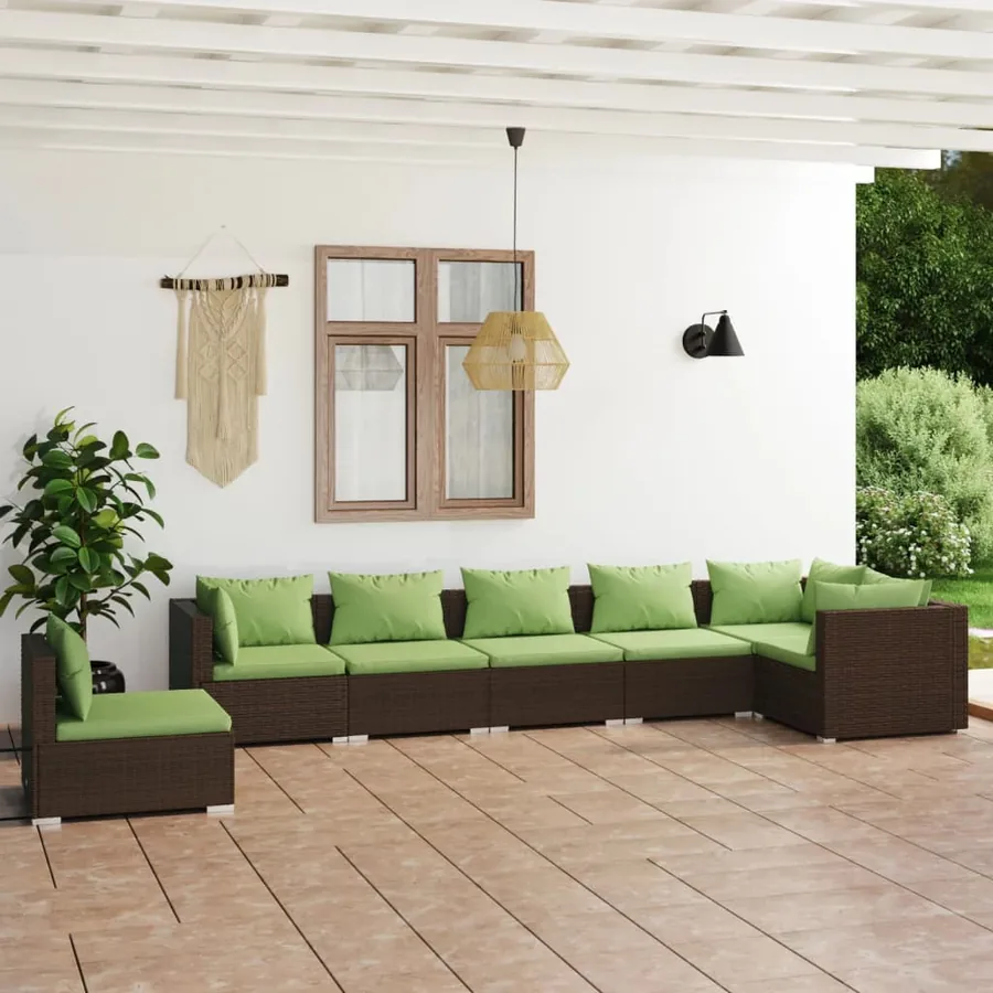 Salon de jardin 7 pcs avec coussins Résine tressée Marron