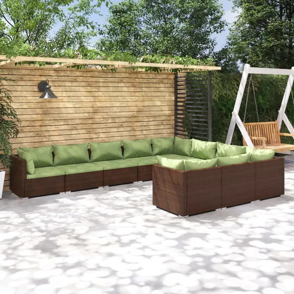 Salon de jardin 10 pcs avec coussins Résine tressée Marron
