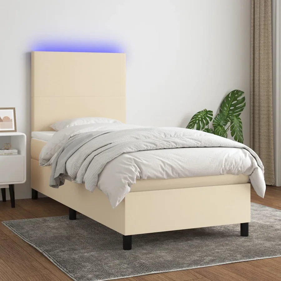 Sommier à lattes de lit et matelas et LED Crème 100x200cm Tissu