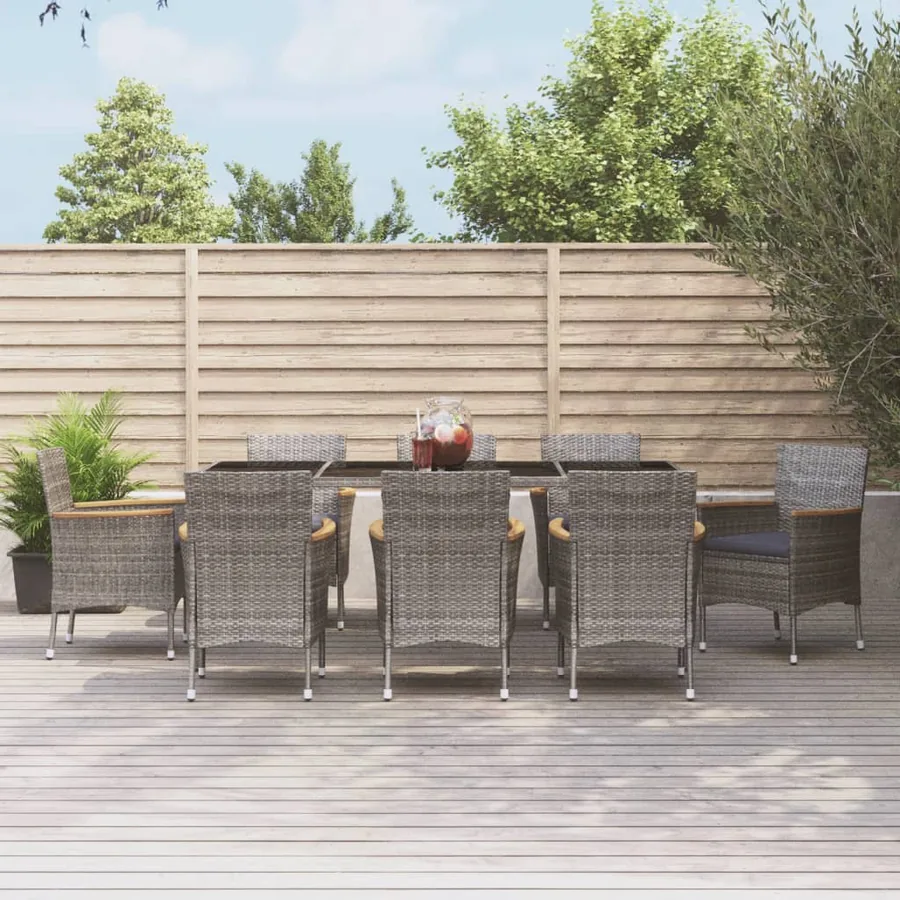 Ensemble à manger de jardin 9 pcs coussins gris résine tressée