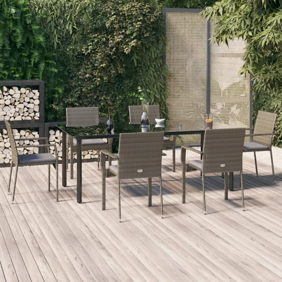 Ensemble à manger jardin et coussins 7 pcs Noir et gris Rotin