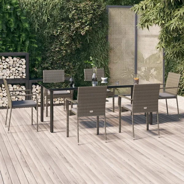 Ensemble à manger jardin et coussins 7 pcs Noir et gris Rotin