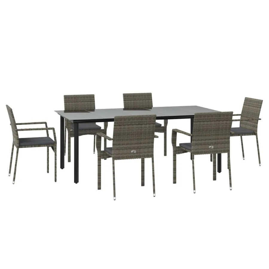 Ensemble à manger jardin et coussins 7 pcs Noir et gris Rotin - 3