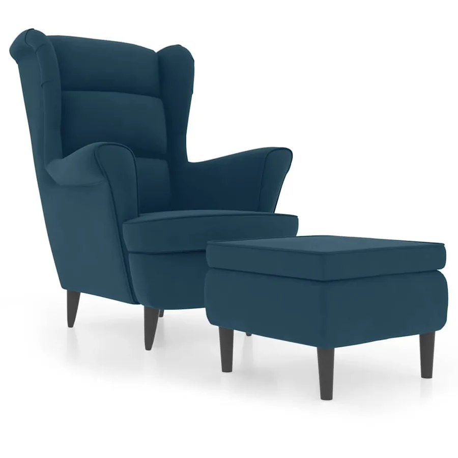 Fauteuil à oreilles avec tabouret bleu velours - 2