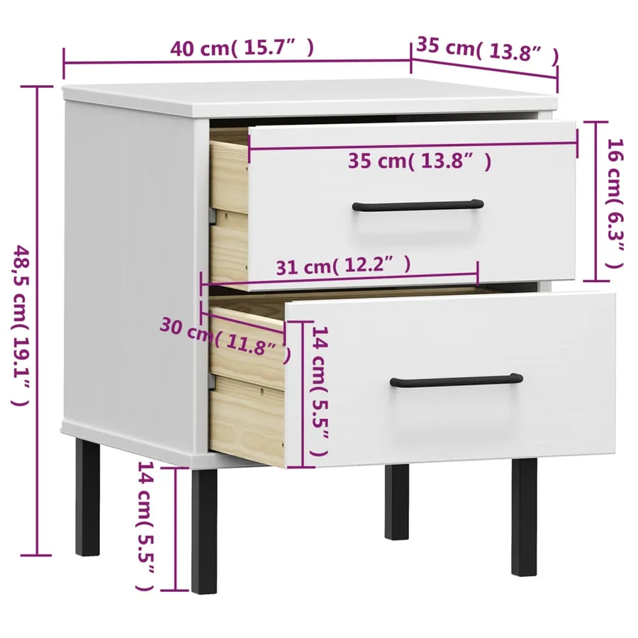 Table de chevet avec pieds en métal Blanc Bois pin massif OSLO - 8