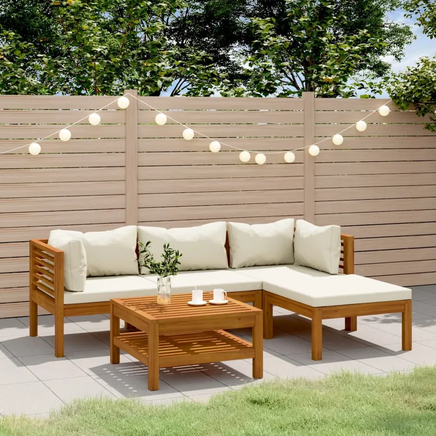 Salon de jardin 5 pcs avec coussin crème Bois d'acacia solide