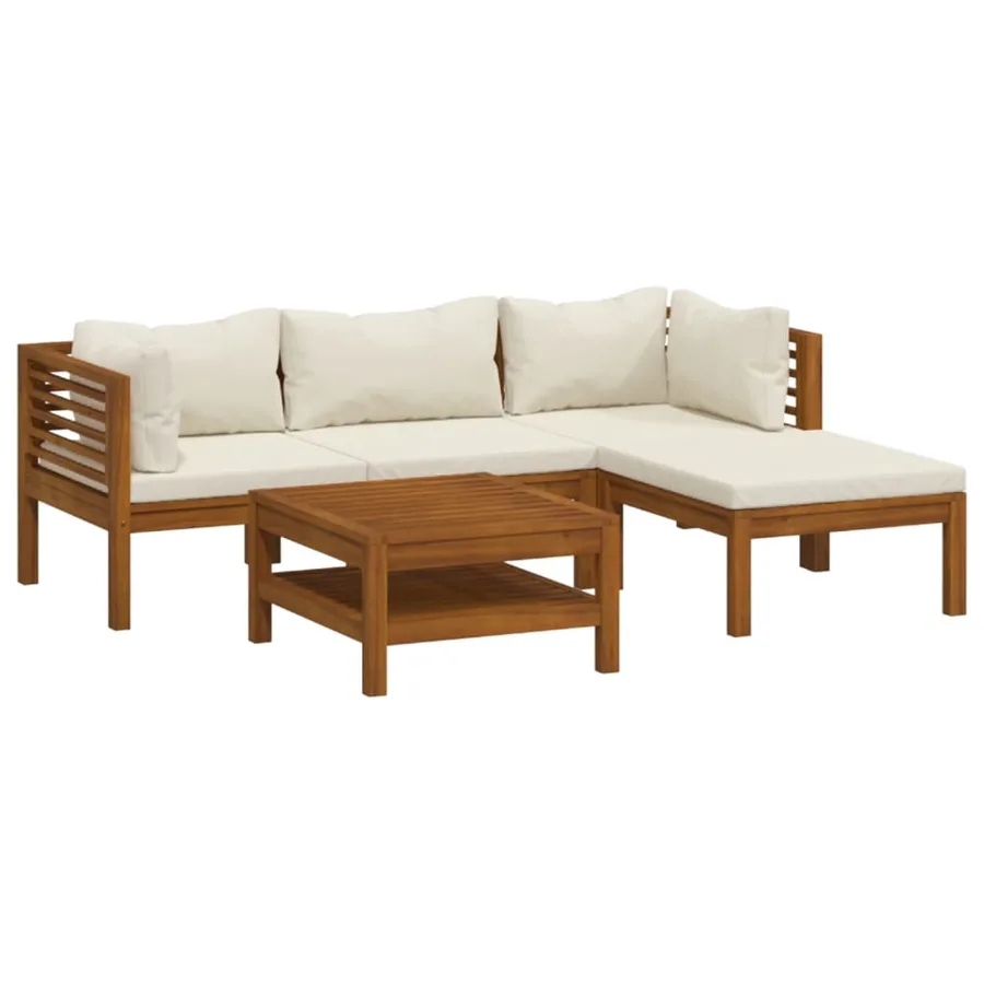 Salon de jardin 5 pcs avec coussin crème Bois d'acacia solide - 2
