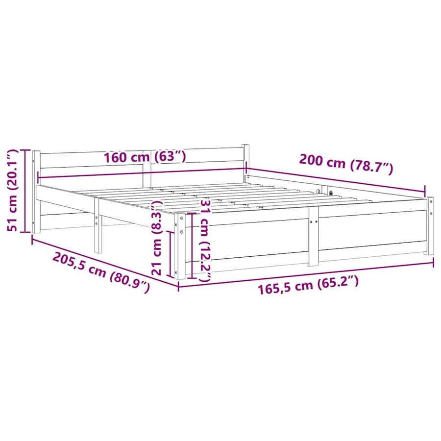 Cadre de lit sans matelas blanc bois massif 160x200 cm - 9