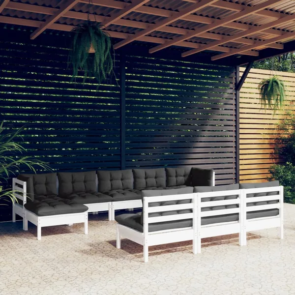 Salon de jardin 10 pcs avec coussins blanc bois de pin