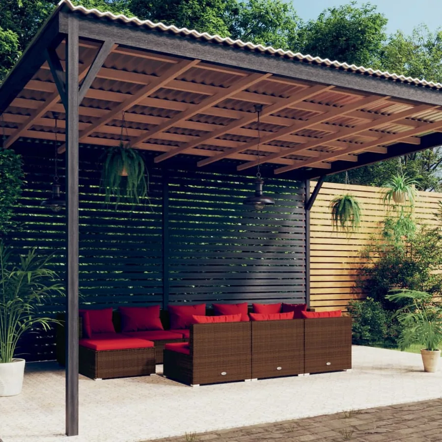 Salon de jardin 10 pcs avec coussins marron résine tressée