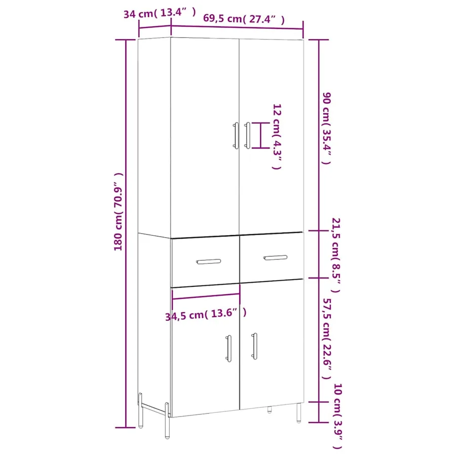 Buffet haut Blanc 69,5x34x180 cm Bois d'ingénierie - 14