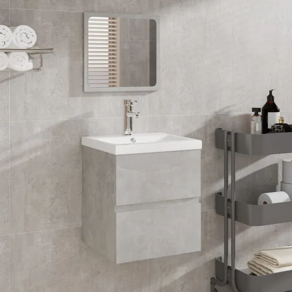 Armoire lavabo de salle de bain et bassin et miroir Gris béton