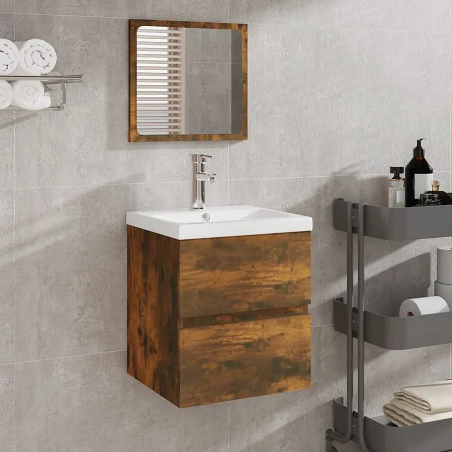Armoire lavabo de salle de bain et bassin et miroir Chêne fumé