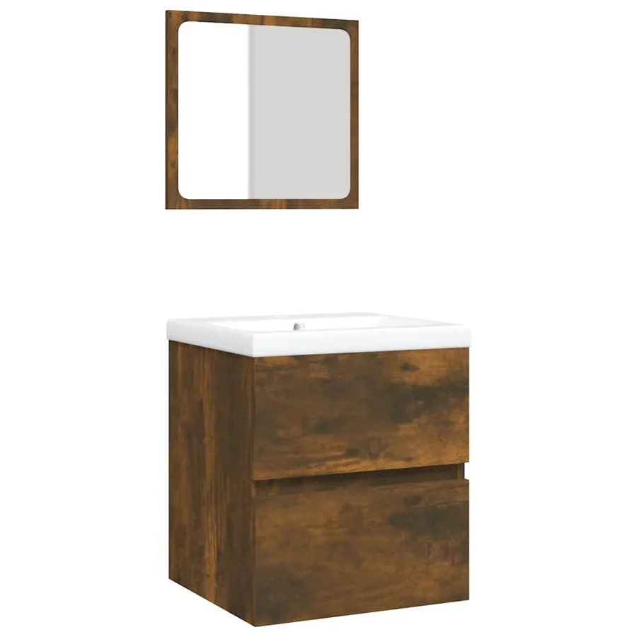 Armoire lavabo de salle de bain et bassin et miroir Chêne fumé - 2