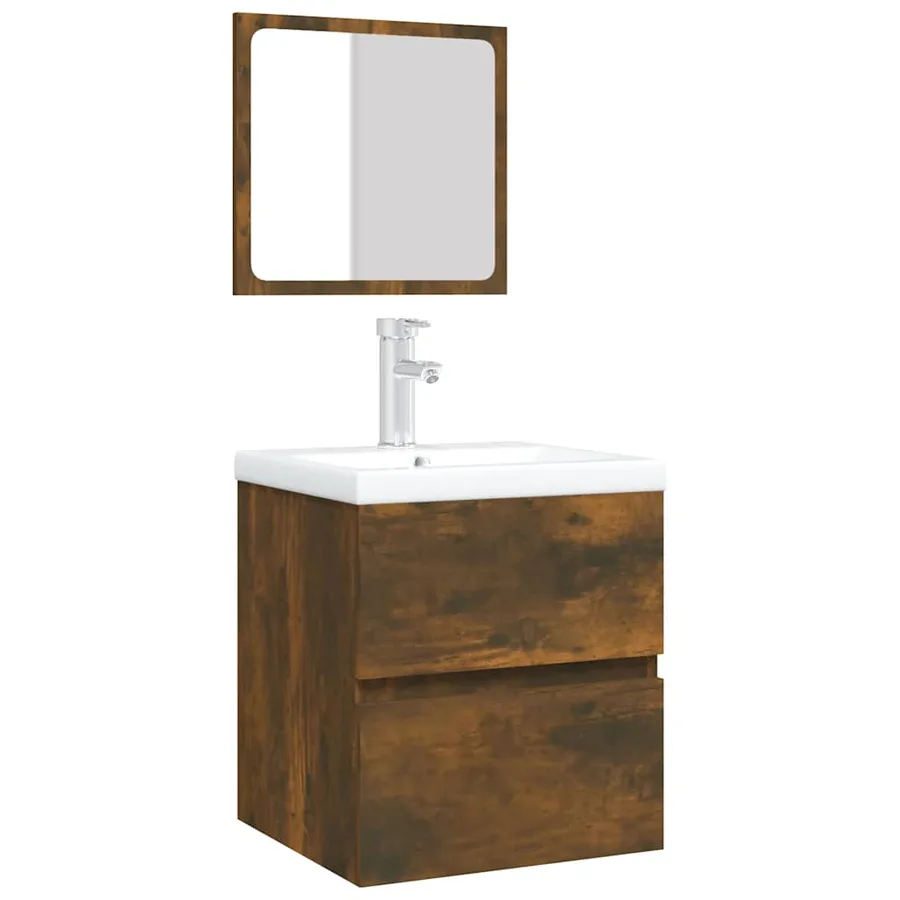 Armoire lavabo de salle de bain et bassin et miroir Chêne fumé - 3