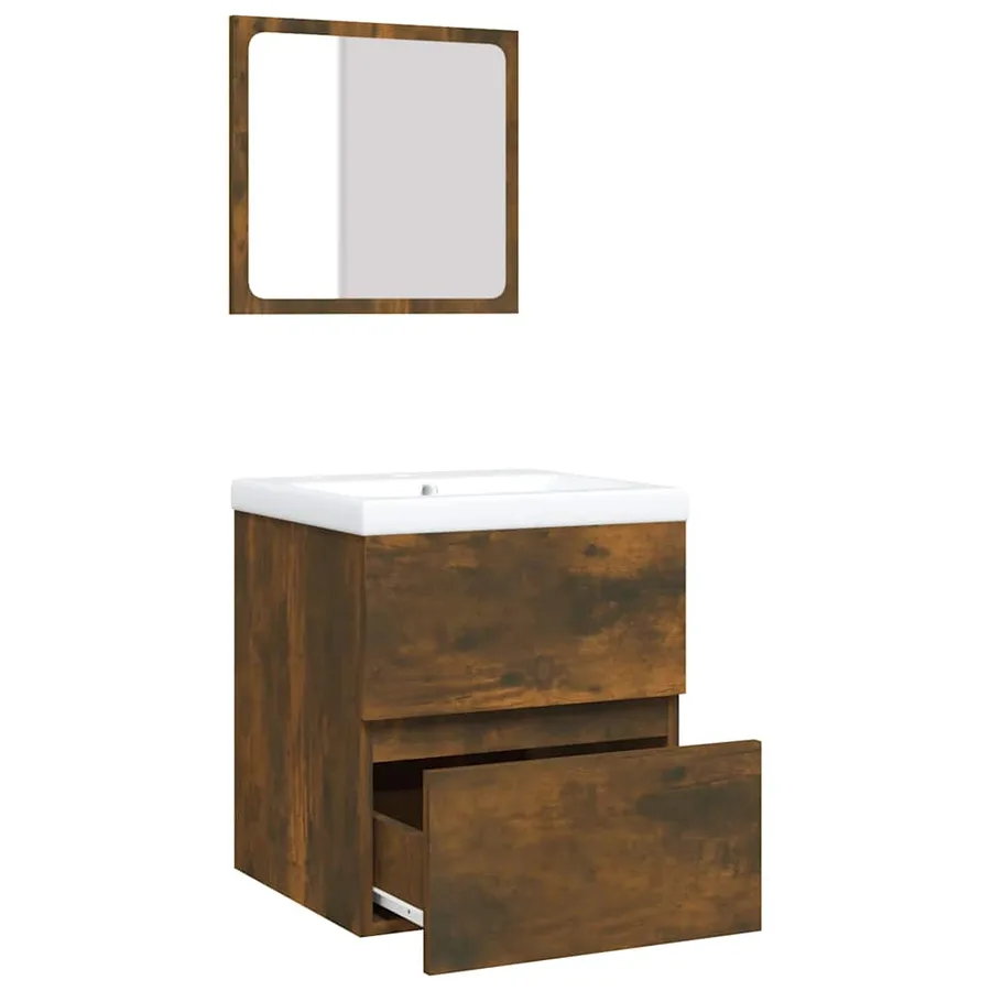 Armoire lavabo de salle de bain et bassin et miroir Chêne fumé - 6