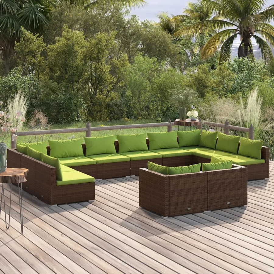 Salon de jardin 12 pcs avec coussins Marron Résine tressée