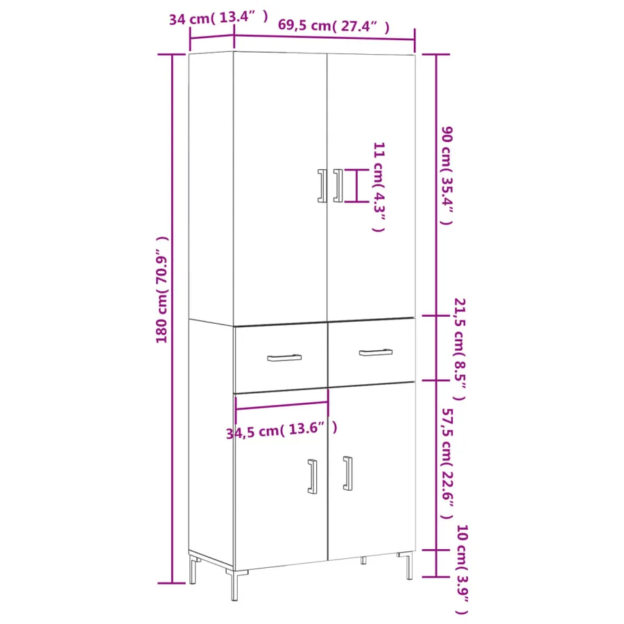 Buffet haut Blanc 69,5x34x180 cm Bois d'ingénierie - 14