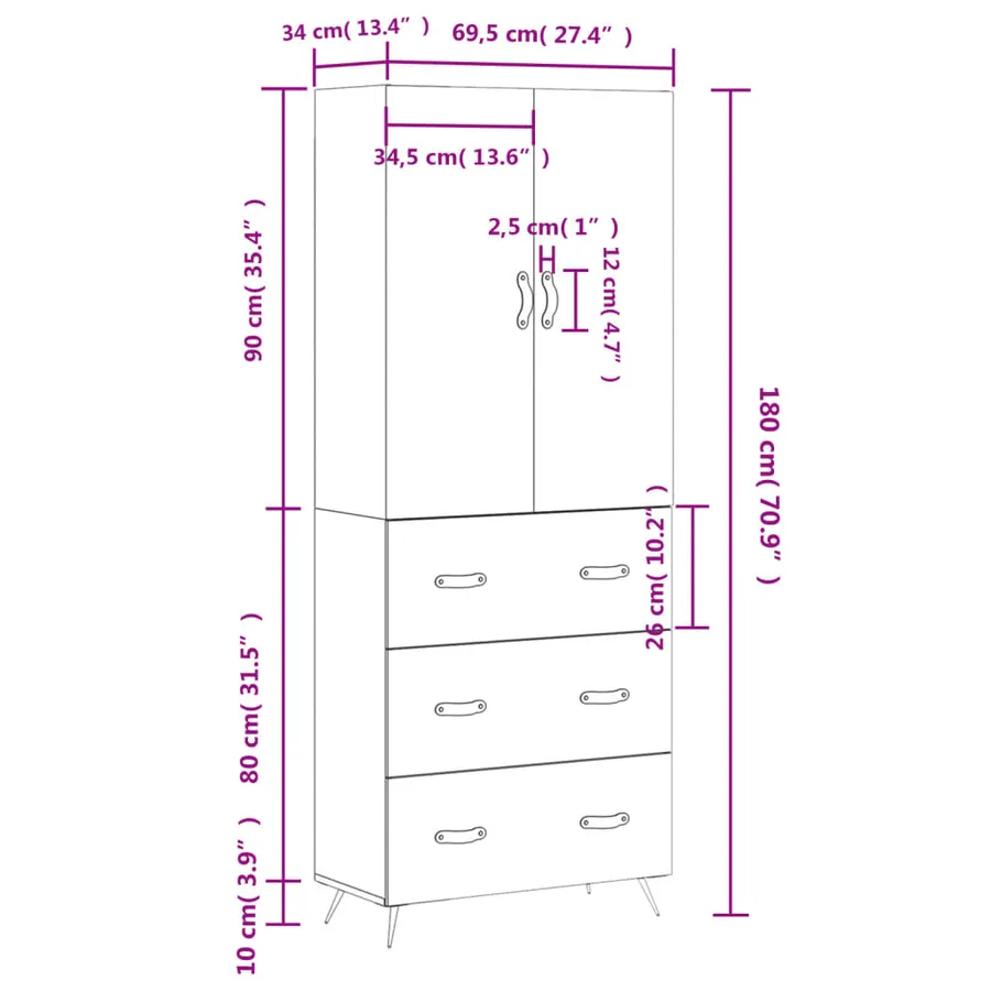 Buffet haut Blanc 69,5x34x180 cm Bois d'ingénierie - 14