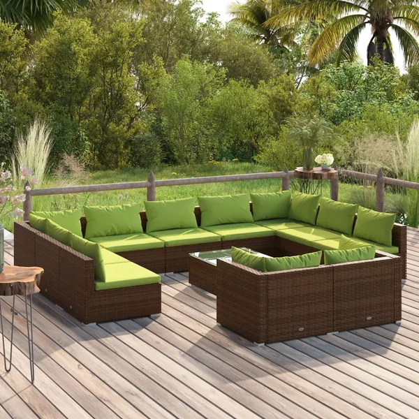 Salon de jardin 12 pcs avec coussins Marron Résine tressée